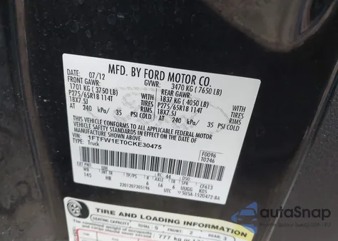 2012 Ford F-150 Lariat z USA, uszkodzony, nr VIN 1FTFW1ET0CKE30475